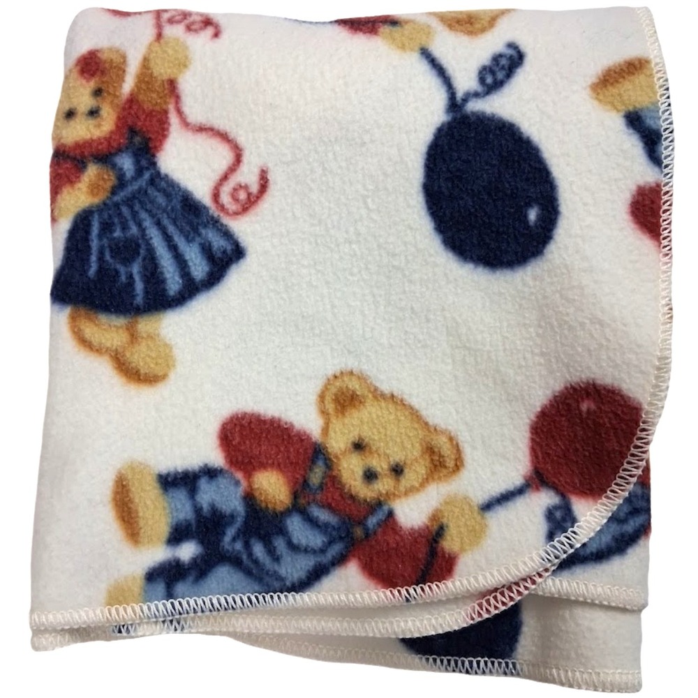 Springs Industries Blue Jean Teddy Bear Baby Blanket Balloons Beige Fleece Thin